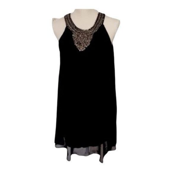 Black Beaded Shift Mini Dress Size S Sleeveless Night Out Lined Button Back - Picture 2 of 10
